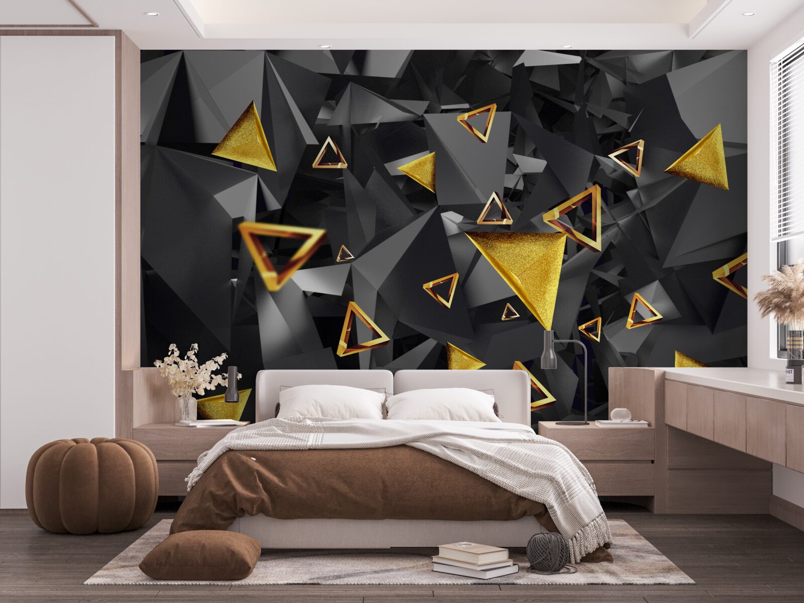 Papier peint des triangles dorés s'élevant dans l'obscurité