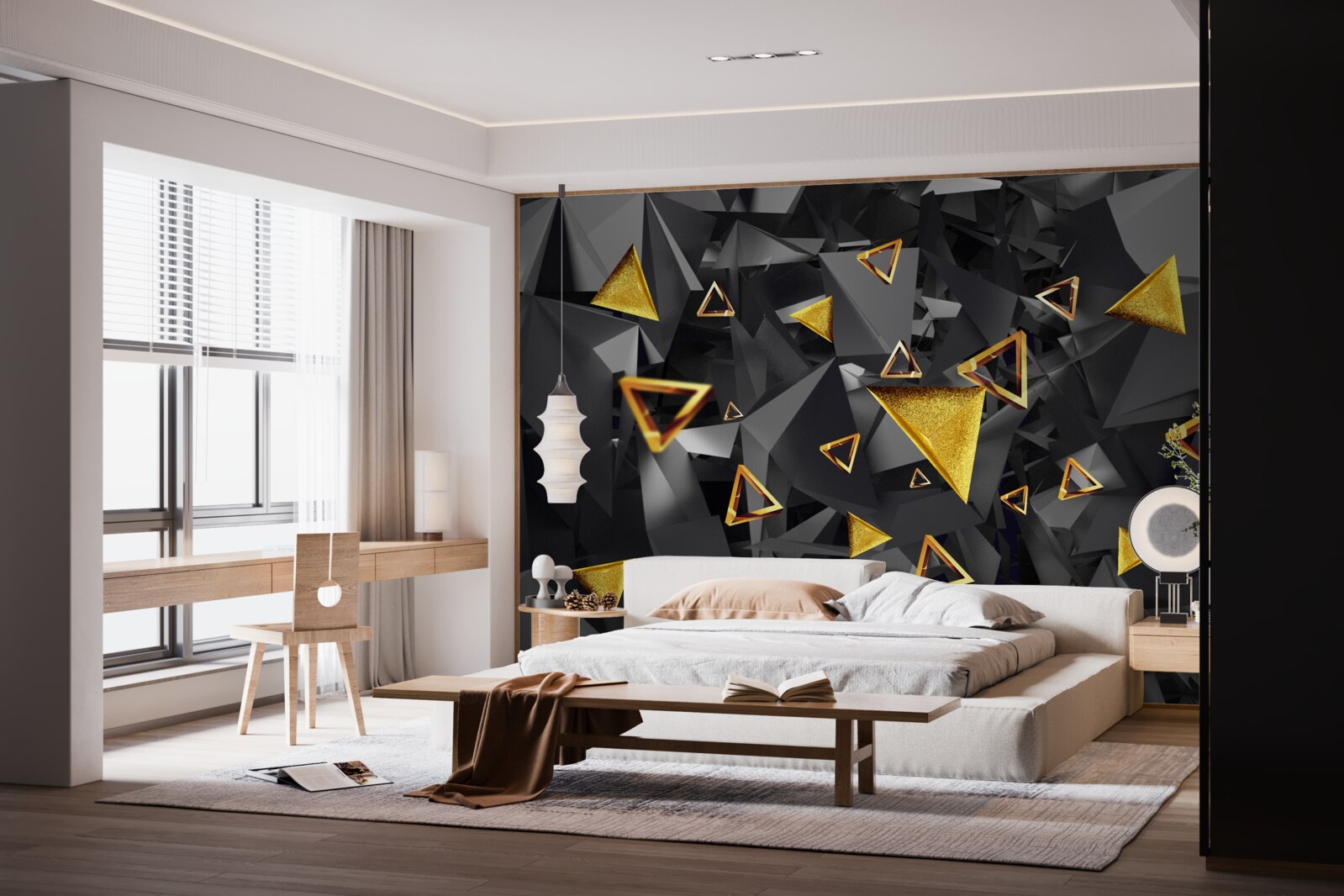 Papier peint des triangles dorés s'élevant dans l'obscurité