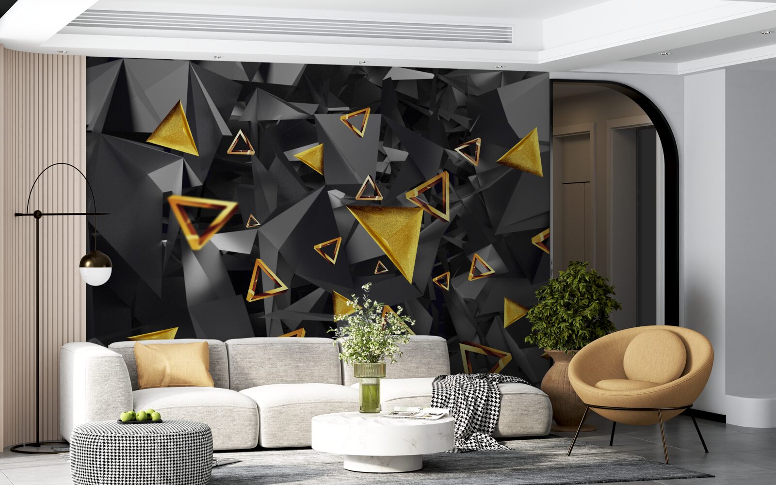 Papier peint des triangles dorés s'élevant dans l'obscurité