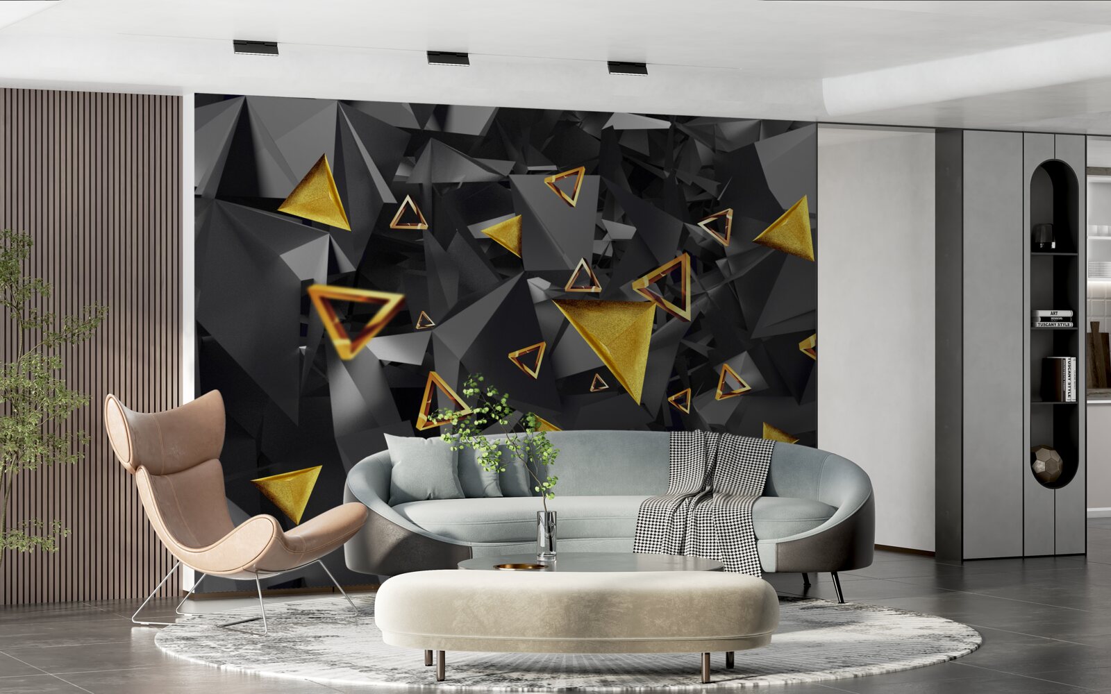 Papier peint des triangles dorés s'élevant dans l'obscurité