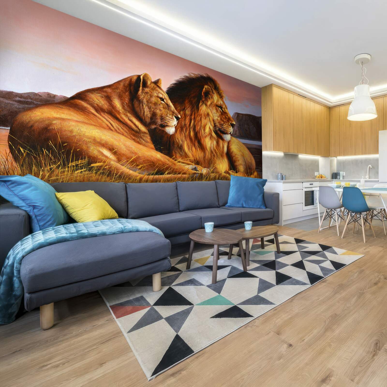 Papier peint la famille lionne veille sur ses enfants