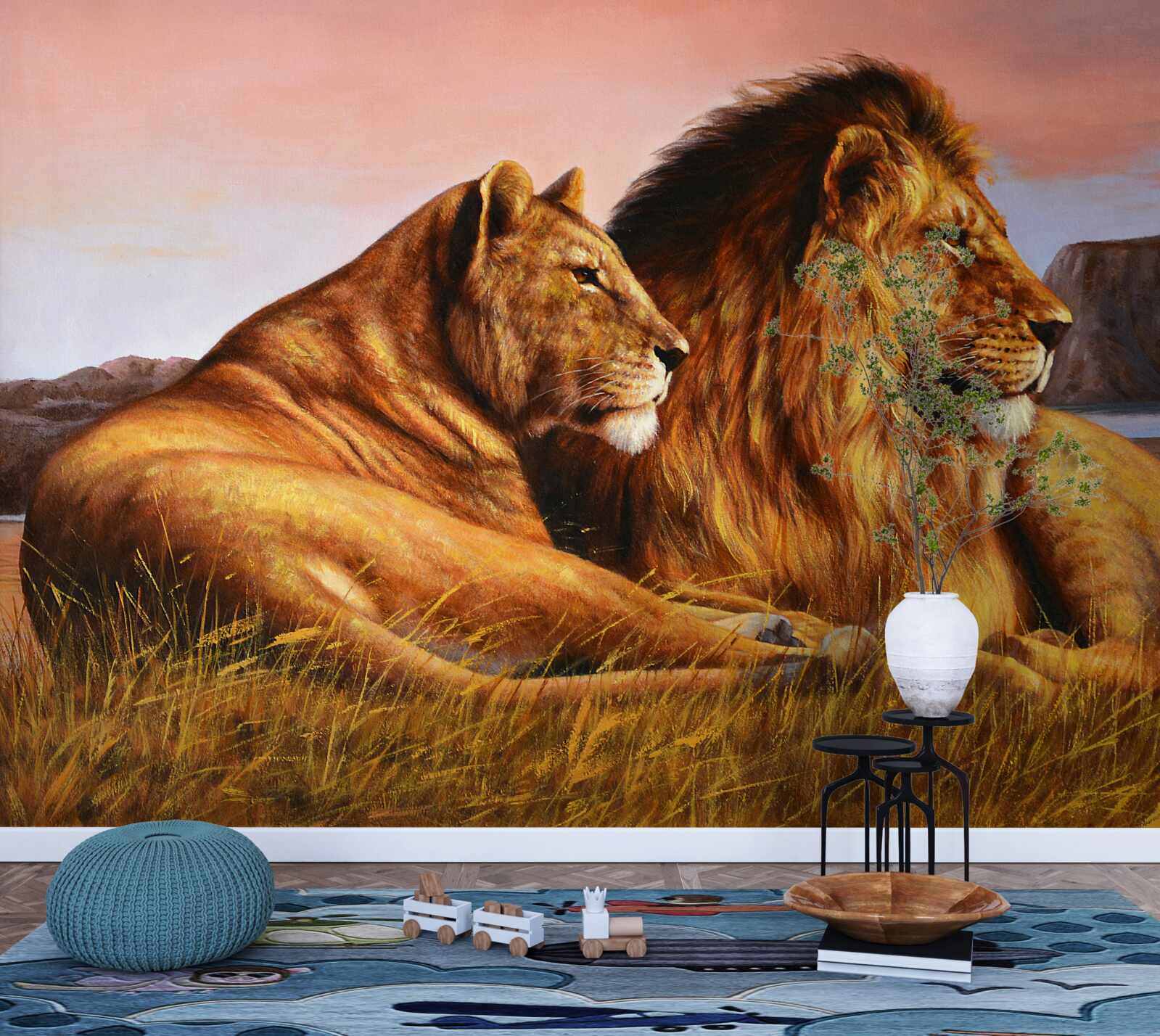 Papier peint la famille lionne veille sur ses enfants