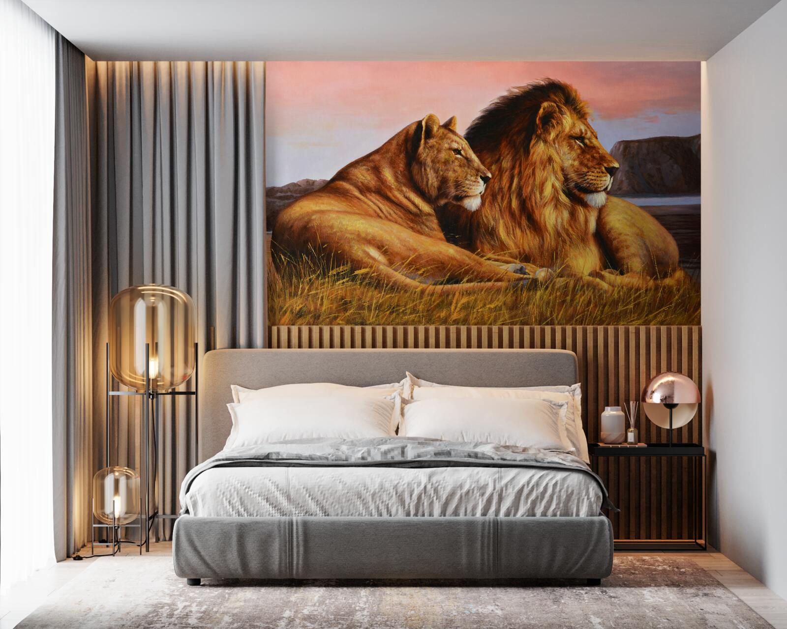 Papier peint la famille lionne veille sur ses enfants