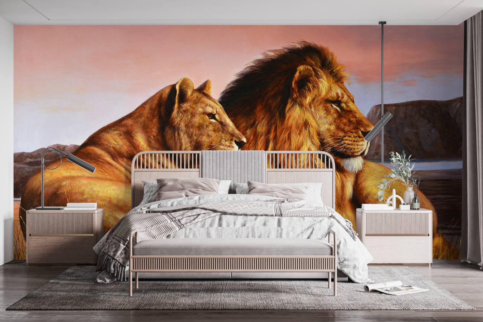 Papier peint la famille lionne veille sur ses enfants