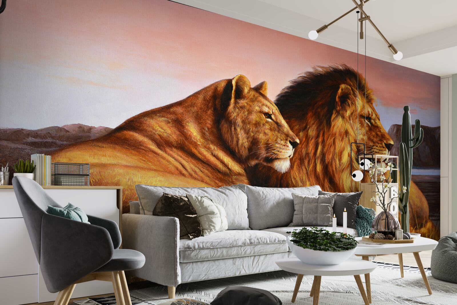 Papier peint la famille lionne veille sur ses enfants