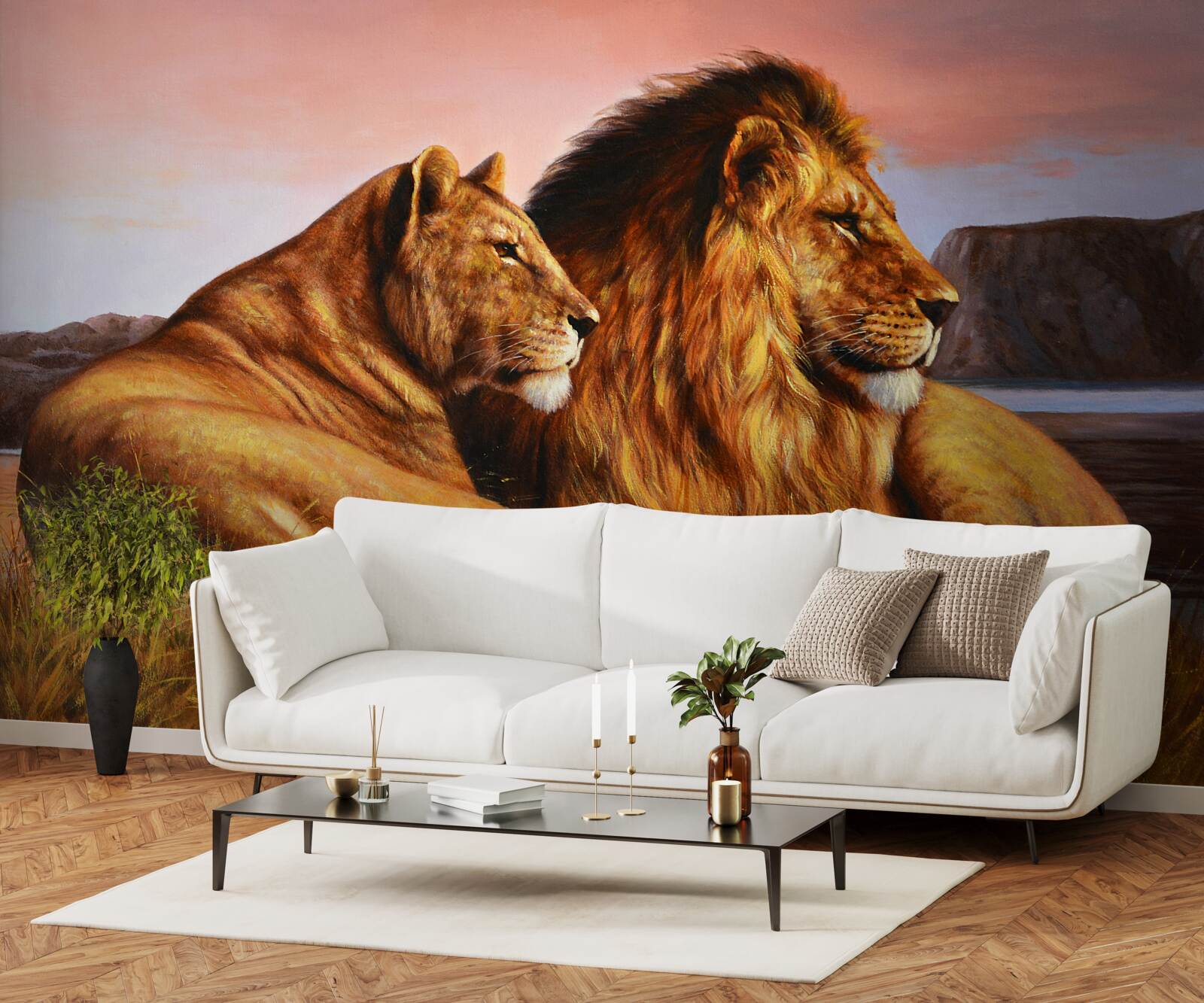 Papier peint la famille lionne veille sur ses enfants