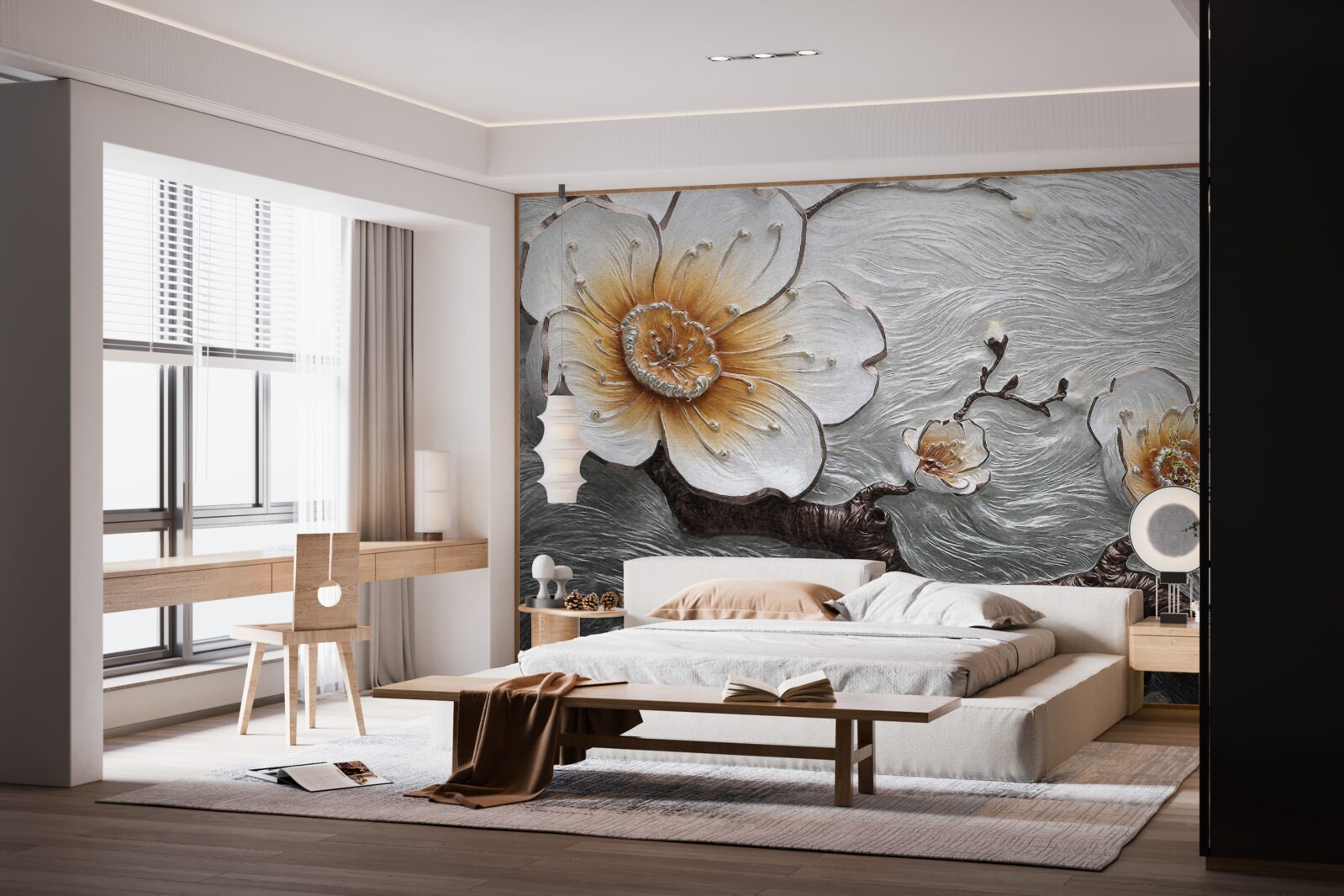 Papier peint Le magnolia blanc comme neige au-dessus de la brume aqueuse est d'une beauté captivante