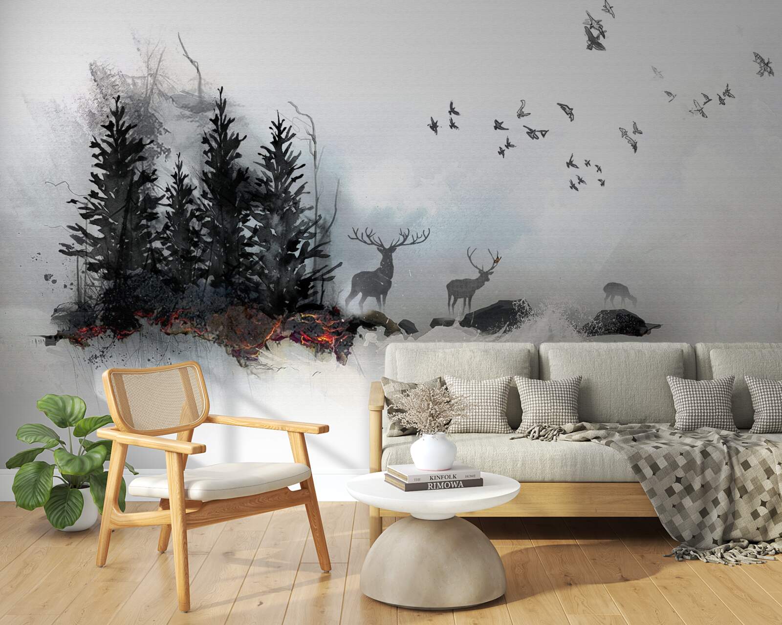 Papier peint une volée d'oiseaux fait ses adieux au cerf