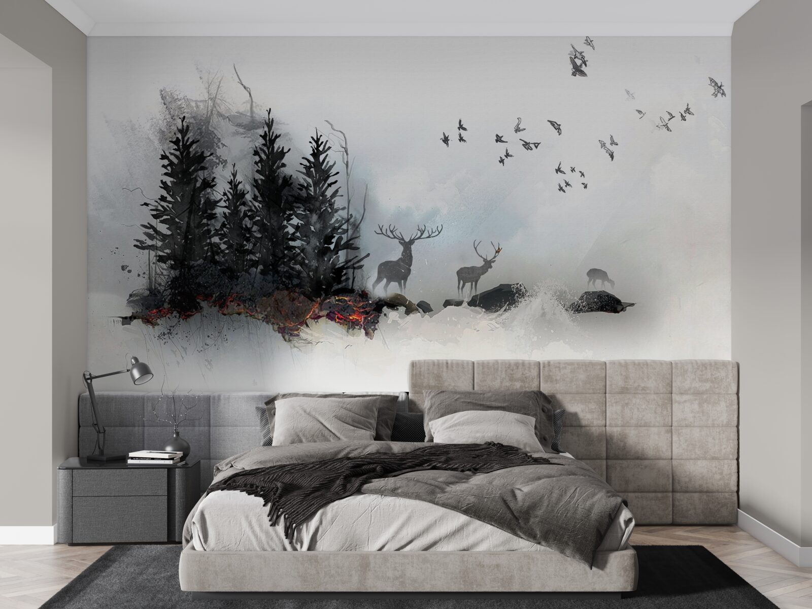 Papier peint une volée d'oiseaux fait ses adieux au cerf