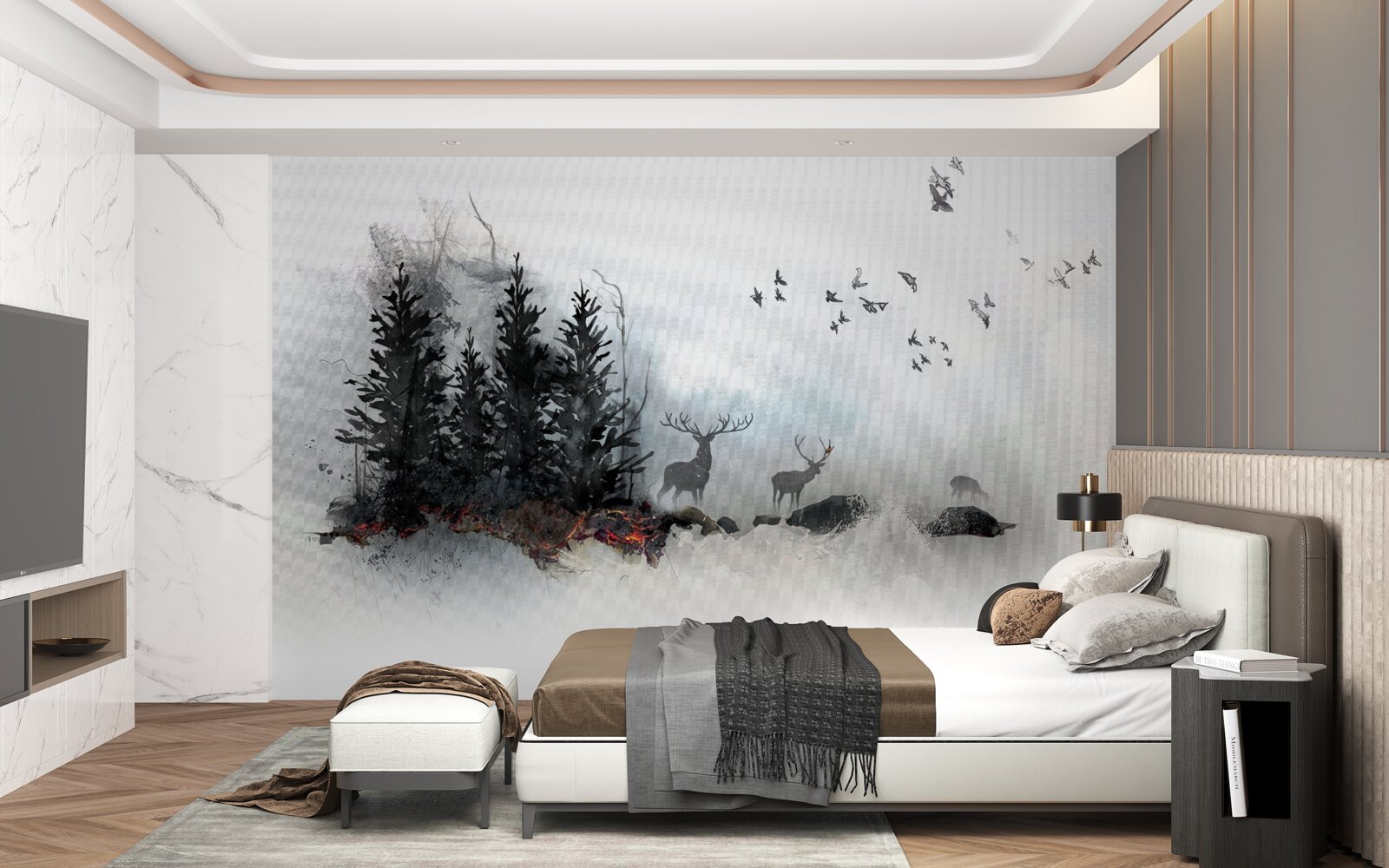 Papier peint une volée d'oiseaux fait ses adieux au cerf