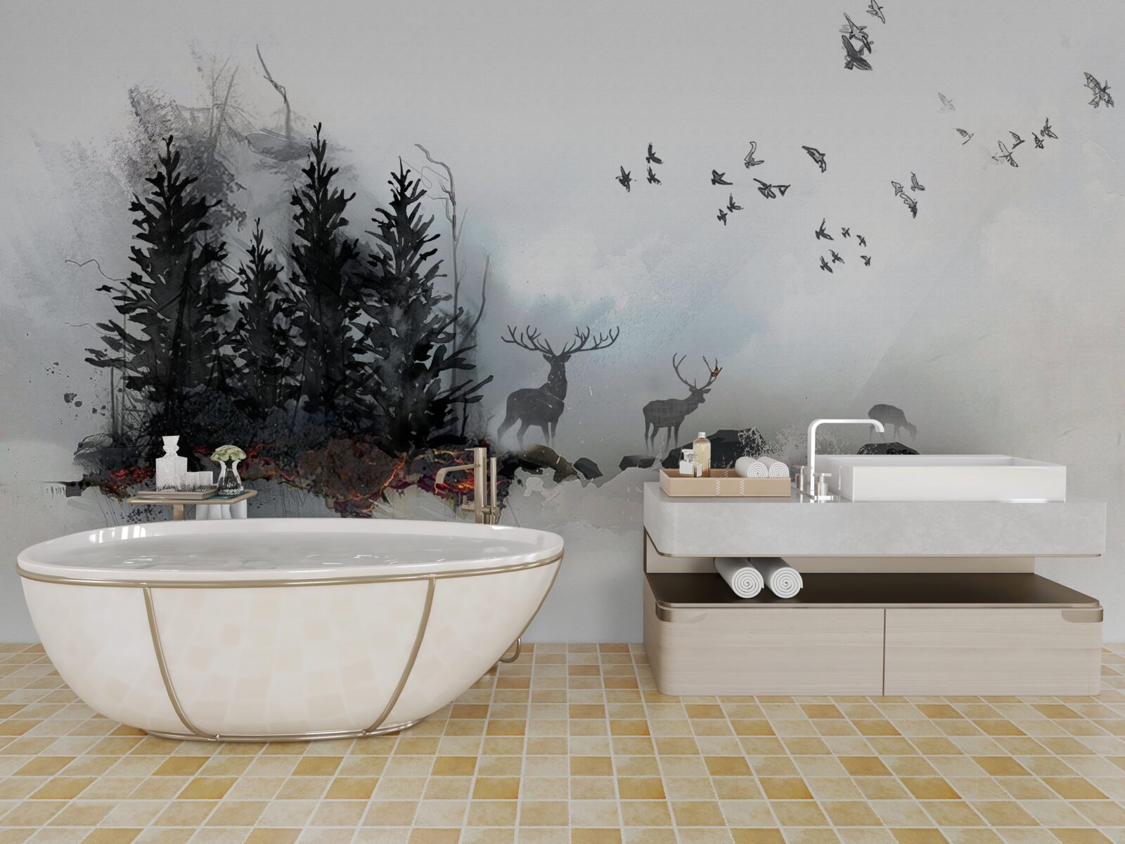 Papier peint une volée d'oiseaux fait ses adieux au cerf