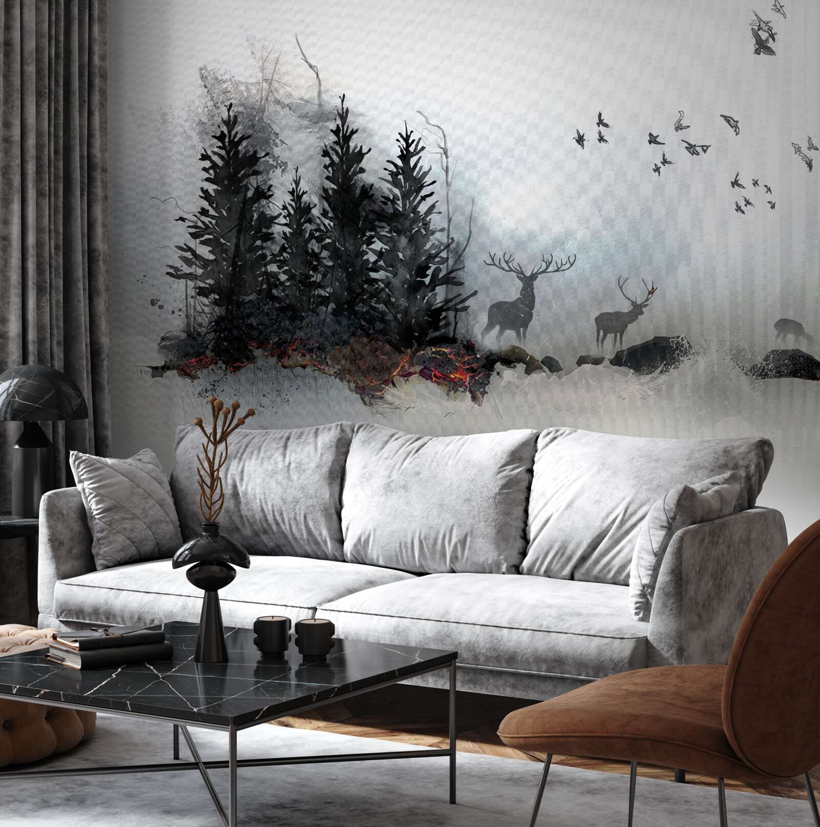Papier peint une volée d'oiseaux fait ses adieux au cerf