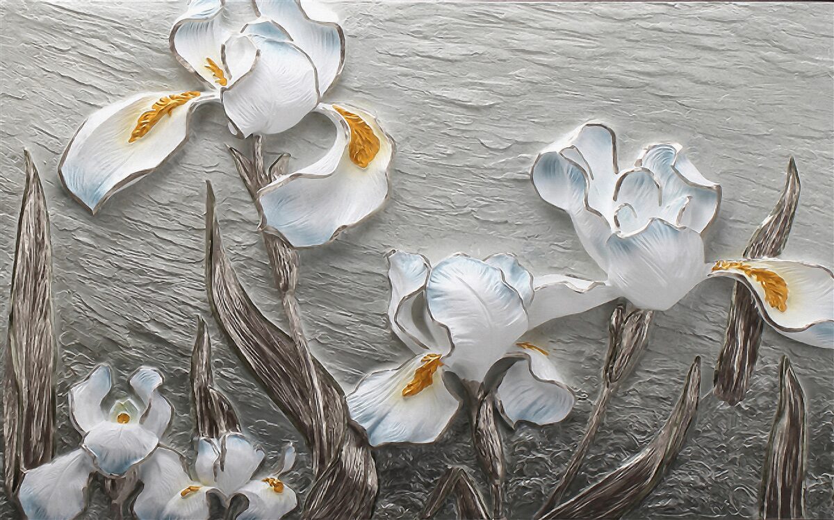 Papier peint Des iris blancs comme neige dans une forte rafale de vent