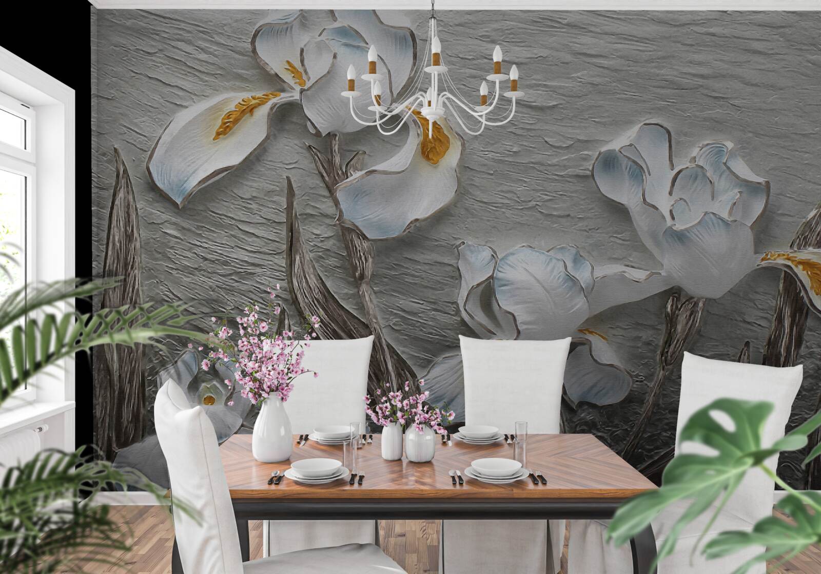 Papier peint Des iris blancs comme neige dans une forte rafale de vent