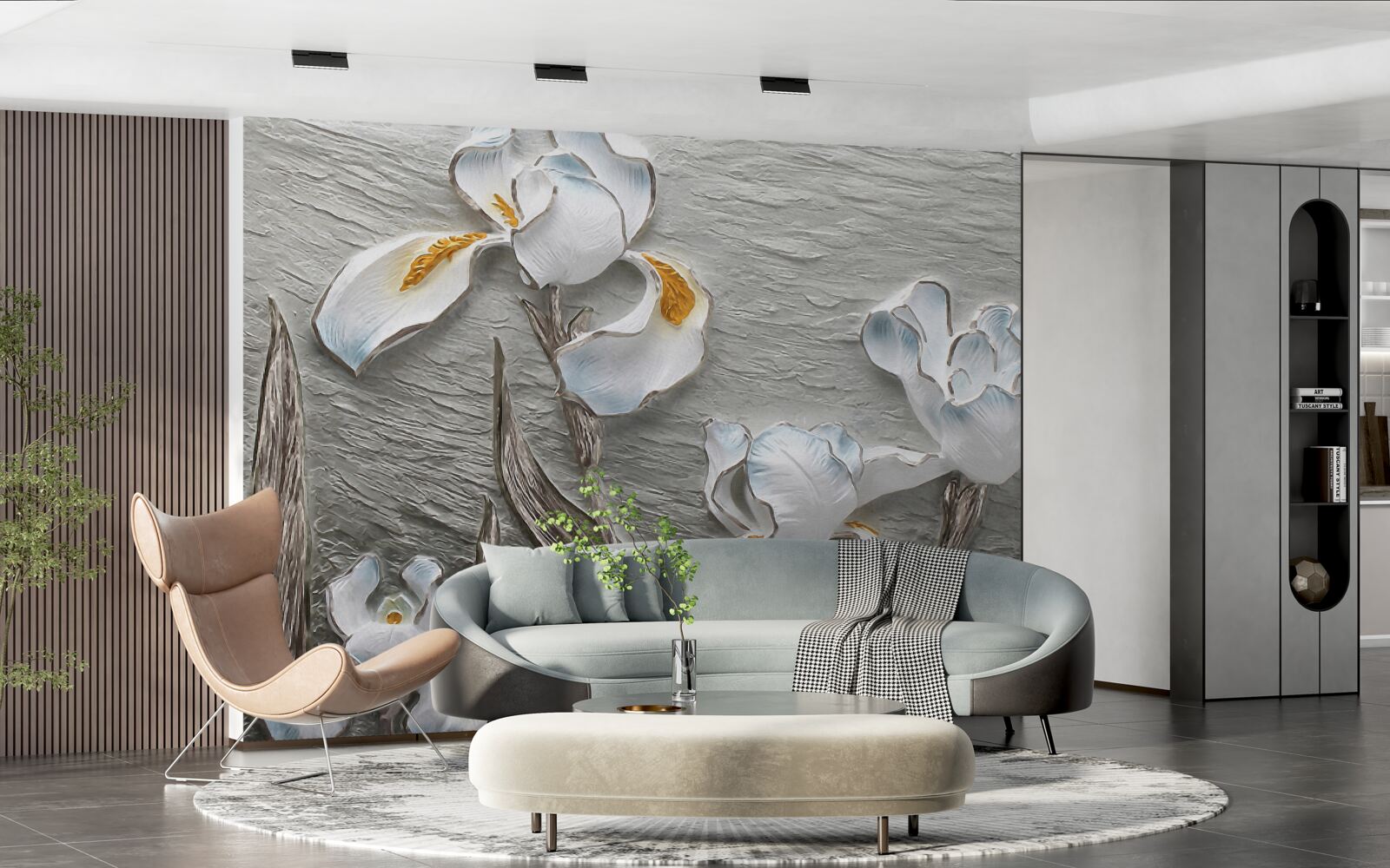 Papier peint Des iris blancs comme neige dans une forte rafale de vent