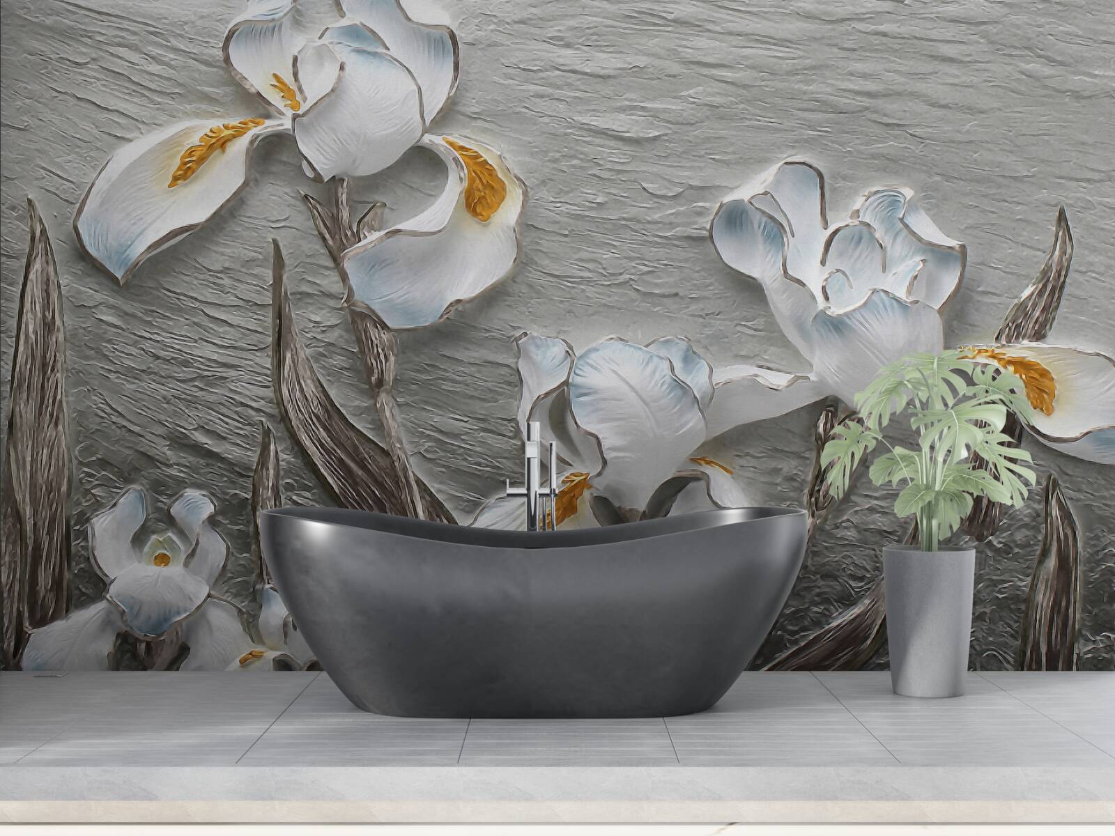 Papier peint Des iris blancs comme neige dans une forte rafale de vent