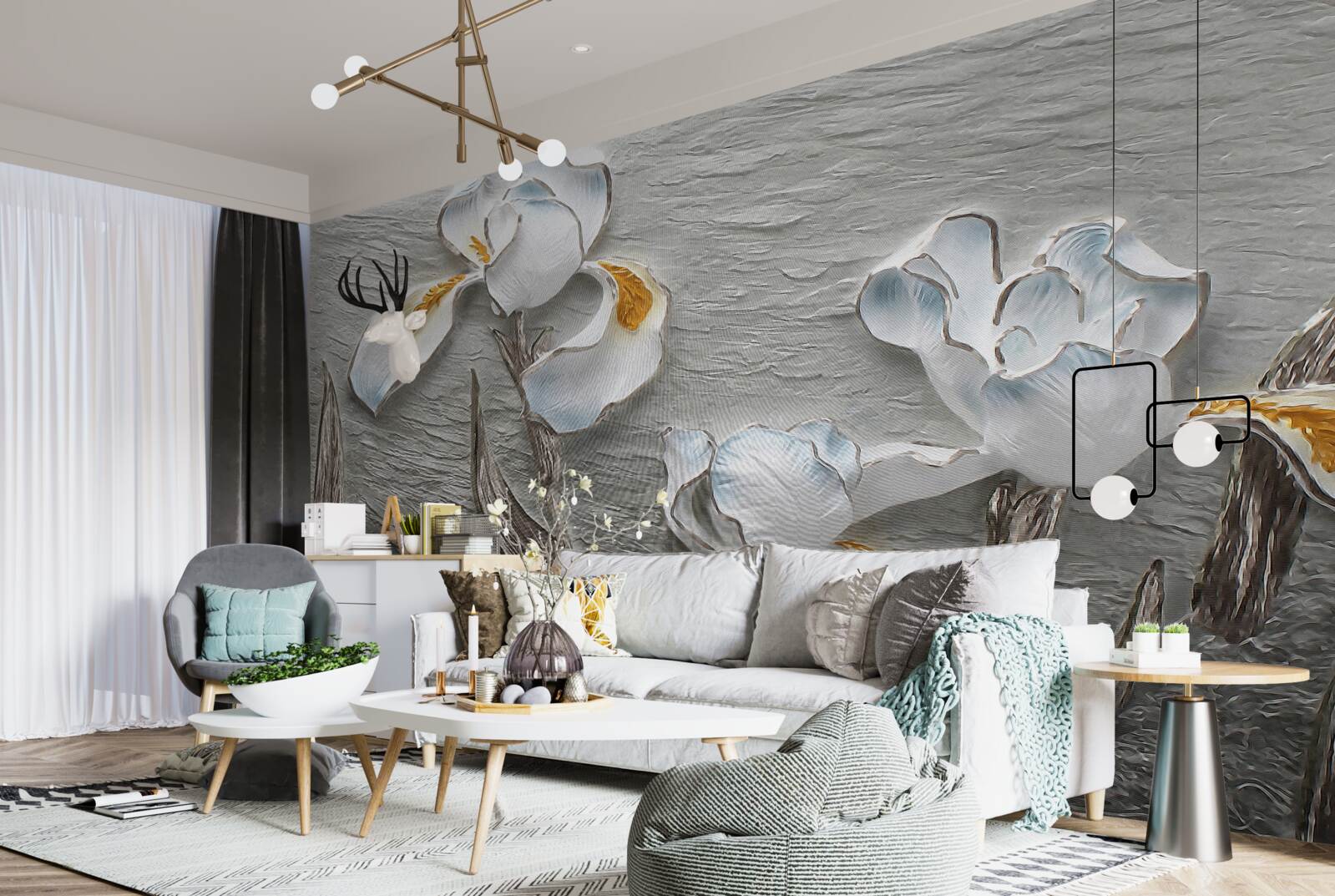 Papier peint Des iris blancs comme neige dans une forte rafale de vent