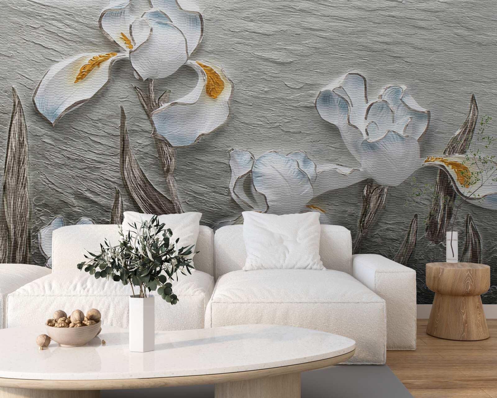 Papier peint Des iris blancs comme neige dans une forte rafale de vent