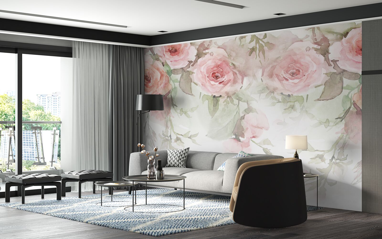 Papier peint d'énormes fleurs roses pendent