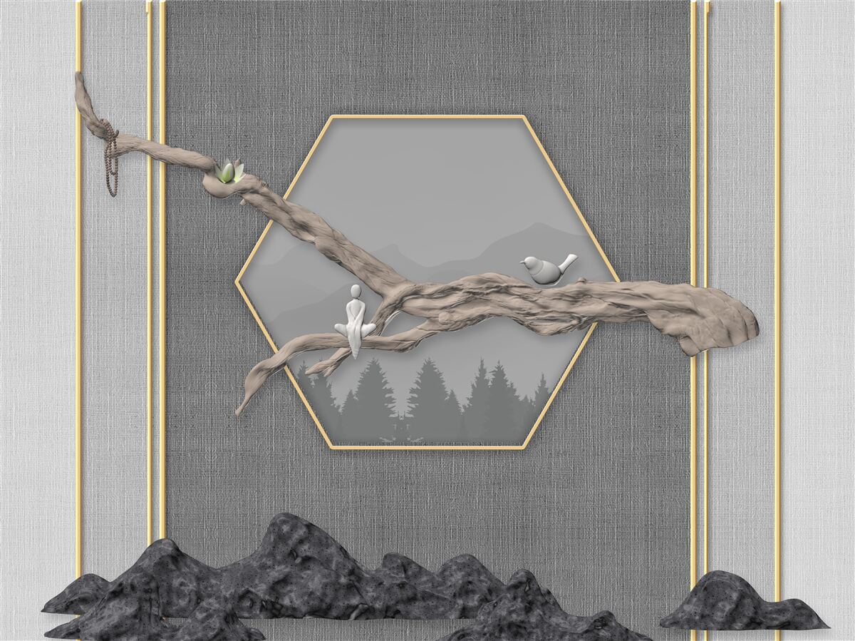 Papier peint oiseaux sur une branche de bonsaï au-dessus de sommets montagneux sombres