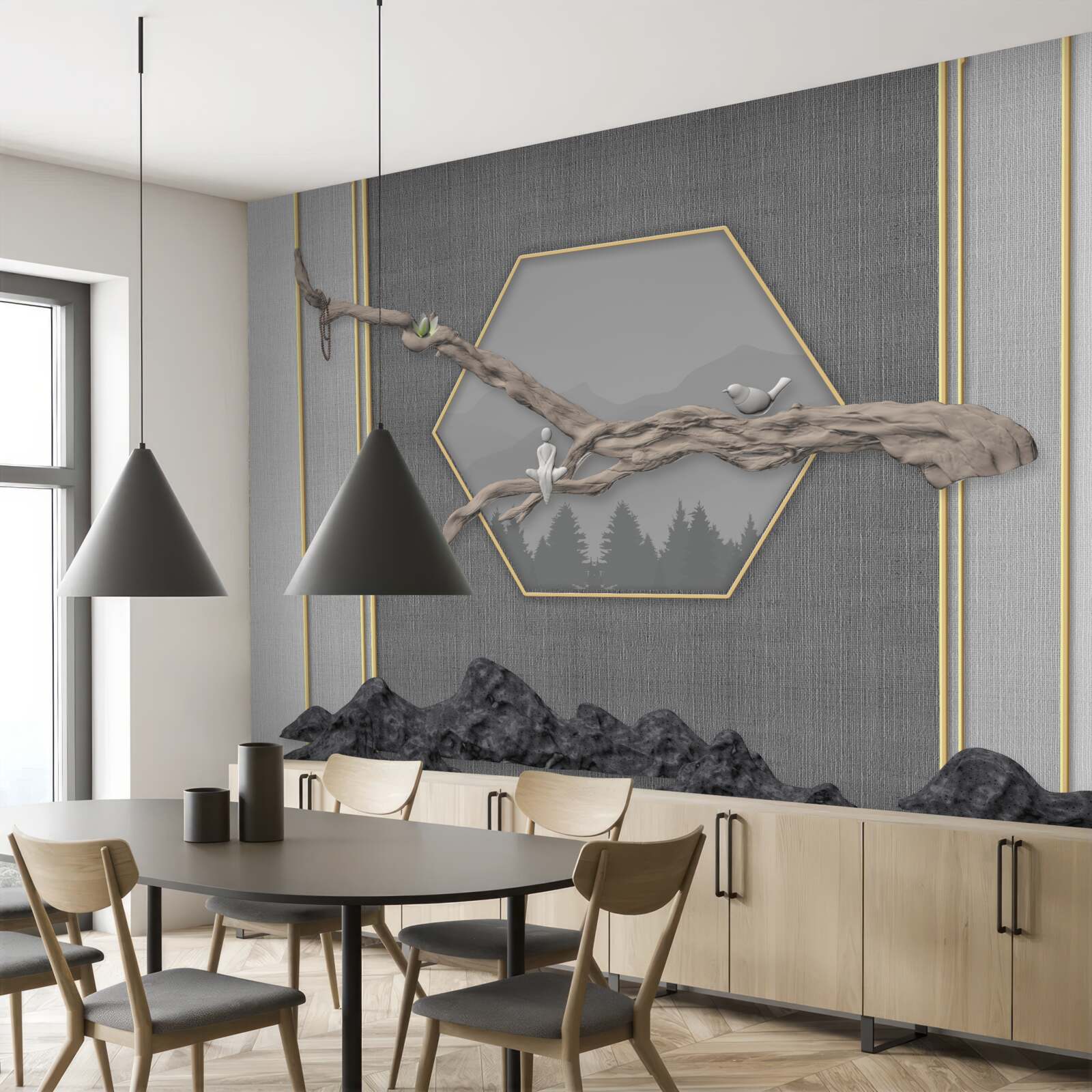 Papier peint oiseaux sur une branche de bonsaï au-dessus de sommets montagneux sombres