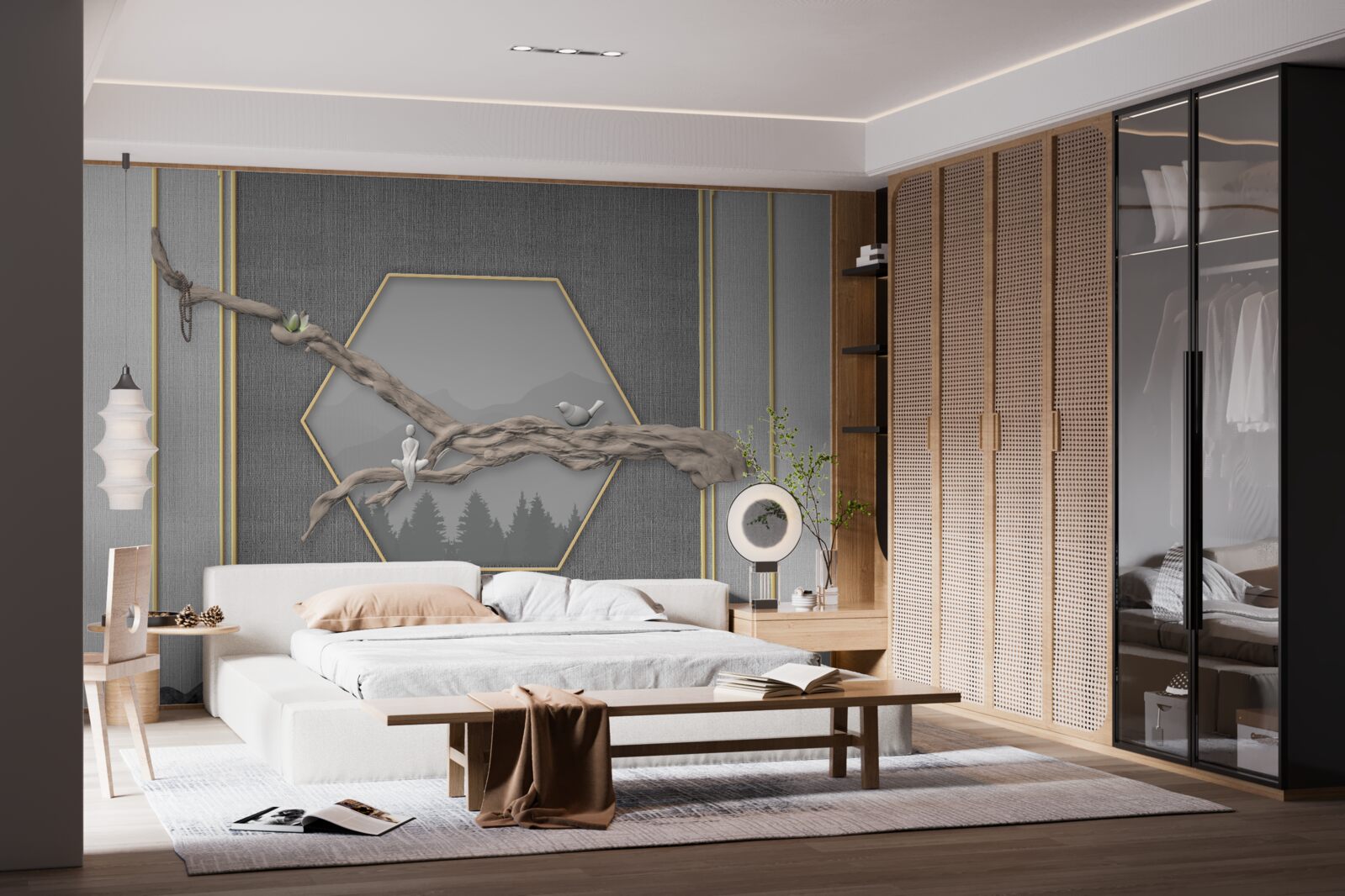 Papier peint oiseaux sur une branche de bonsaï au-dessus de sommets montagneux sombres