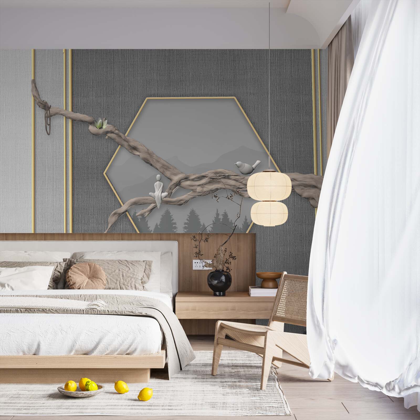 Papier peint oiseaux sur une branche de bonsaï au-dessus de sommets montagneux sombres