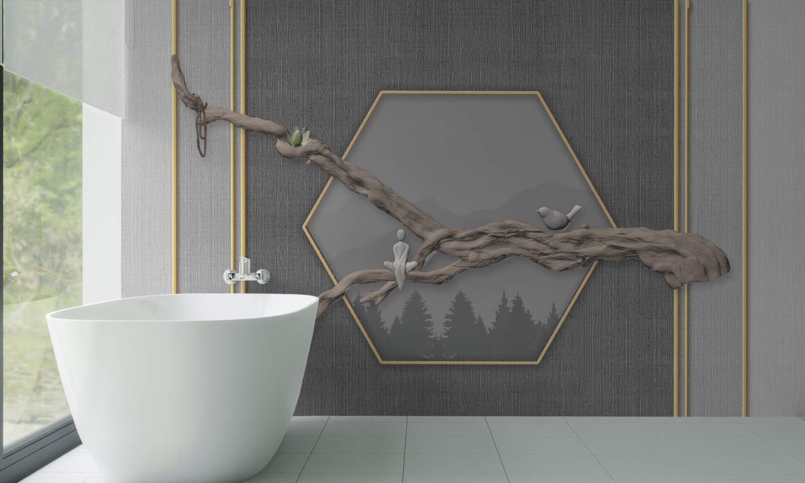 Papier peint oiseaux sur une branche de bonsaï au-dessus de sommets montagneux sombres