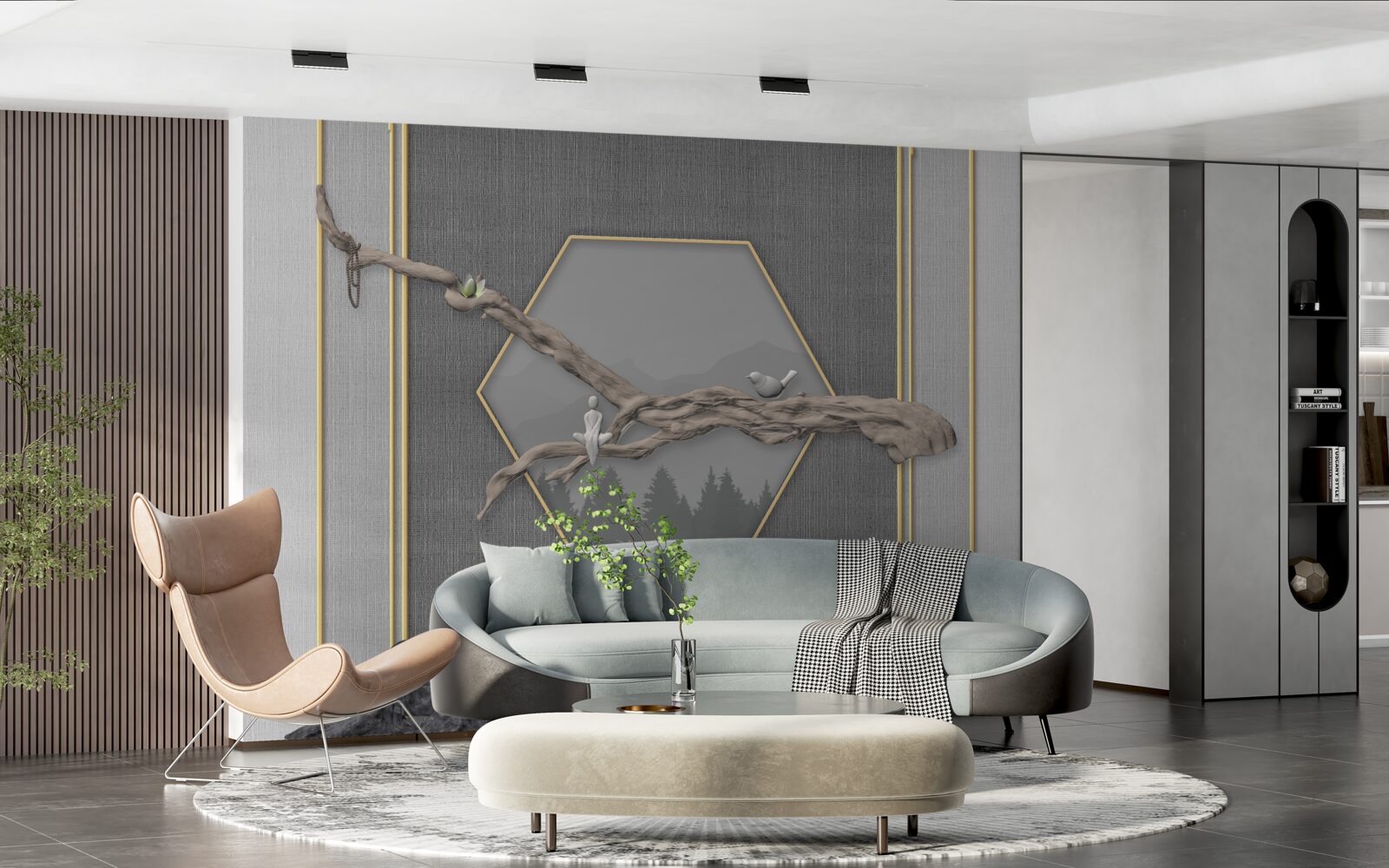 Papier peint oiseaux sur une branche de bonsaï au-dessus de sommets montagneux sombres