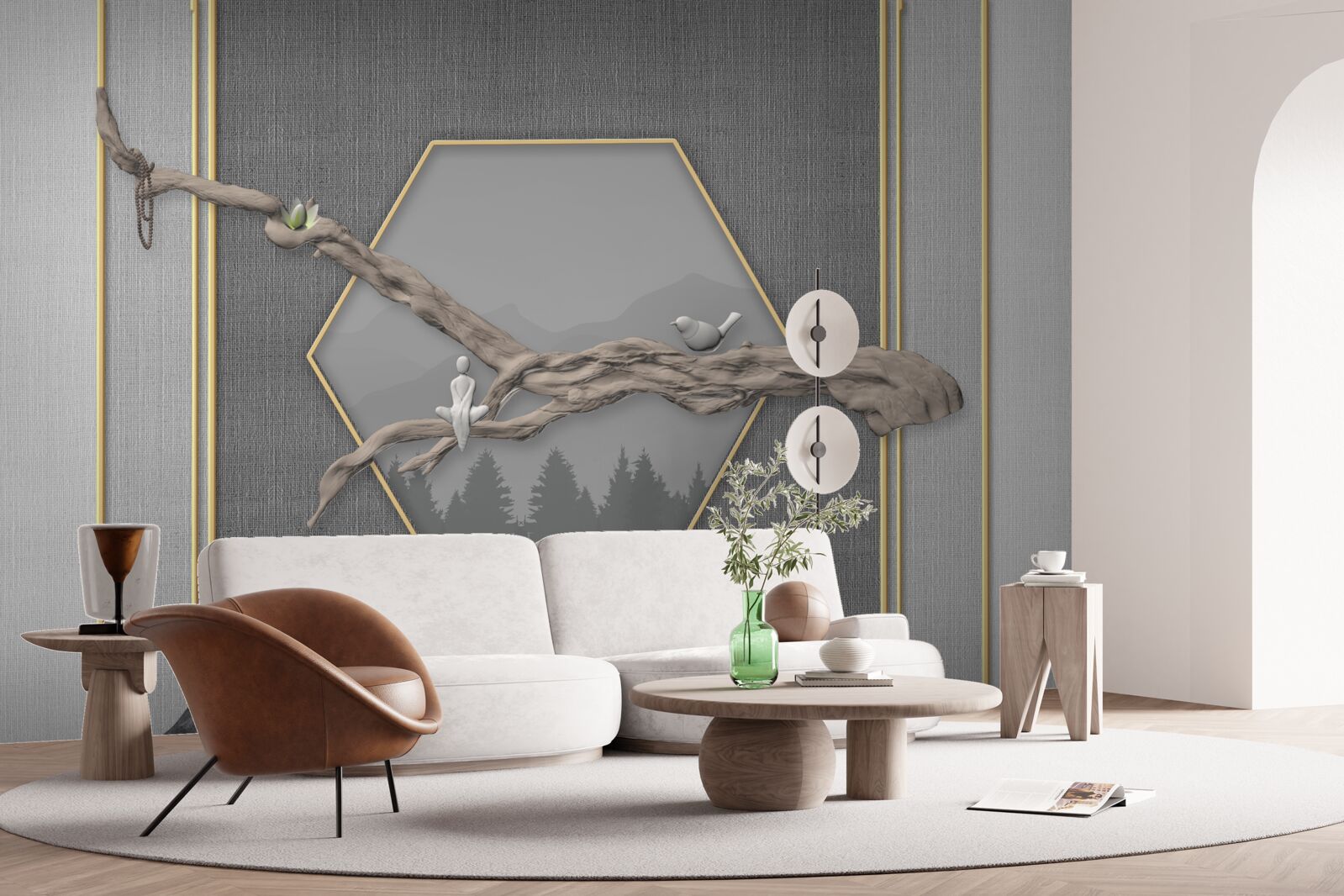 Papier peint oiseaux sur une branche de bonsaï au-dessus de sommets montagneux sombres