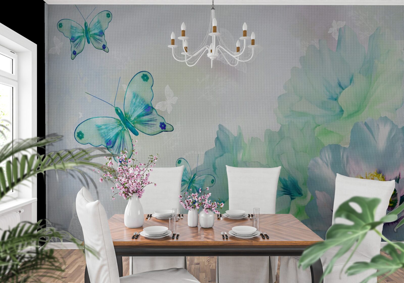 Papier peint des fleurs tendres et des papillons ailés