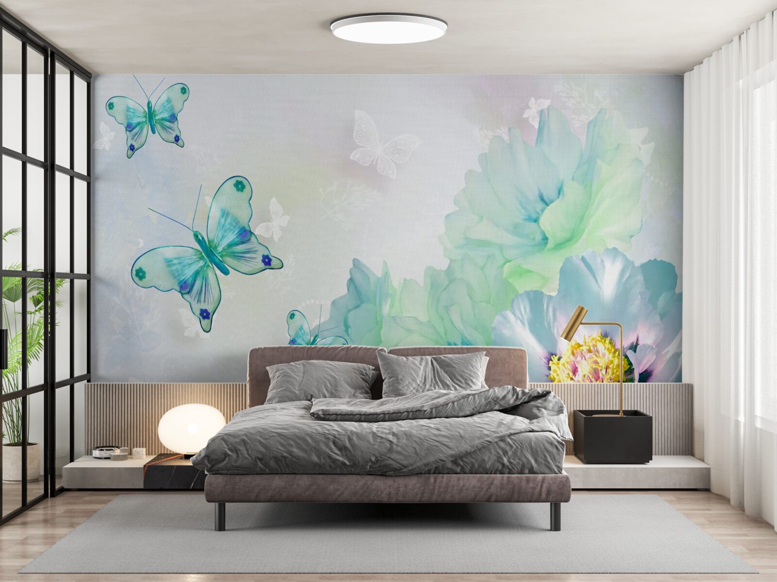 Papier peint des fleurs tendres et des papillons ailés