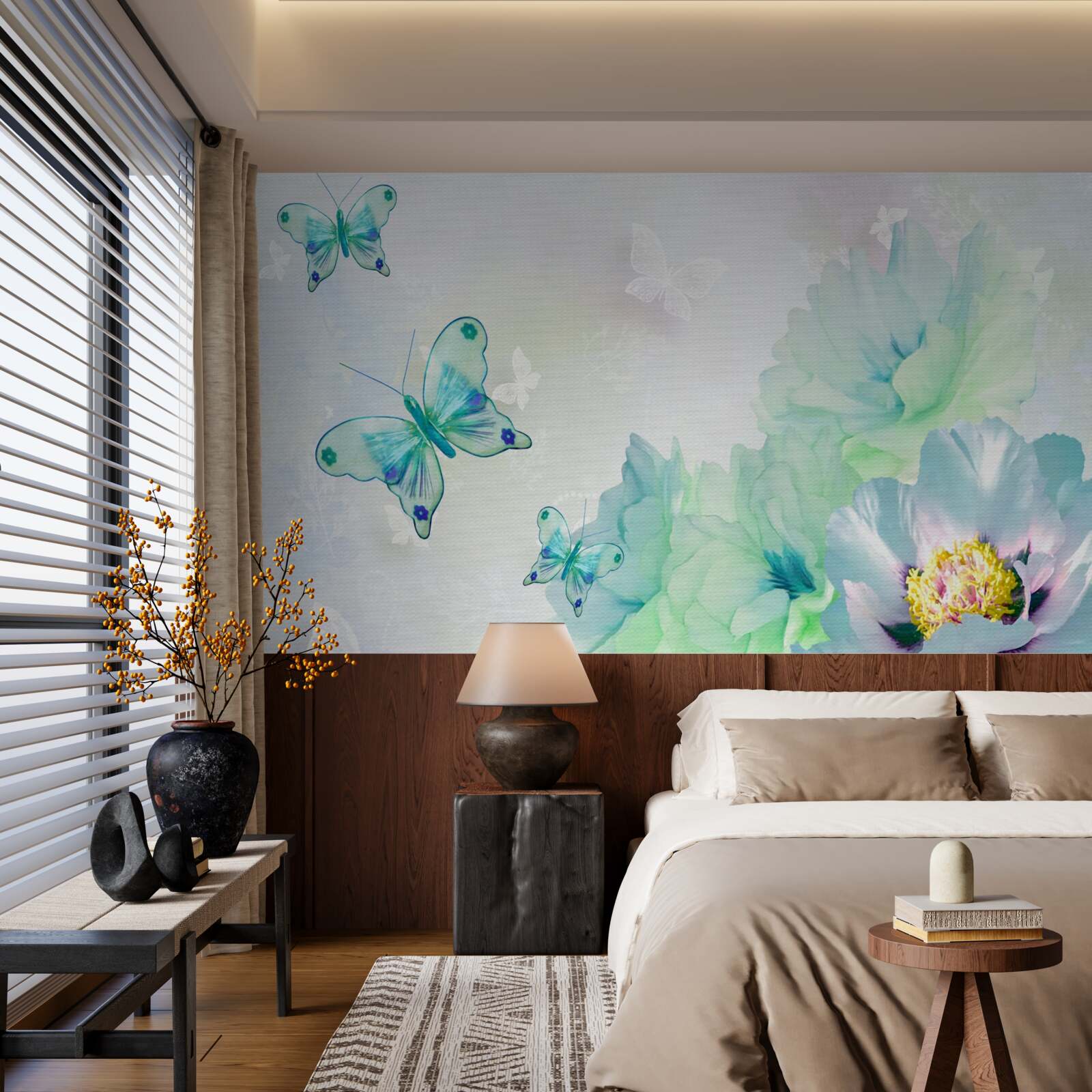 Papier peint des fleurs tendres et des papillons ailés