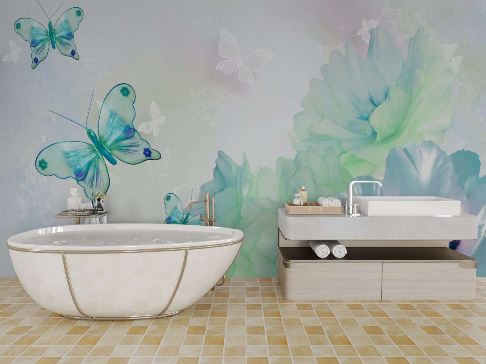 Papier peint des fleurs tendres et des papillons ailés