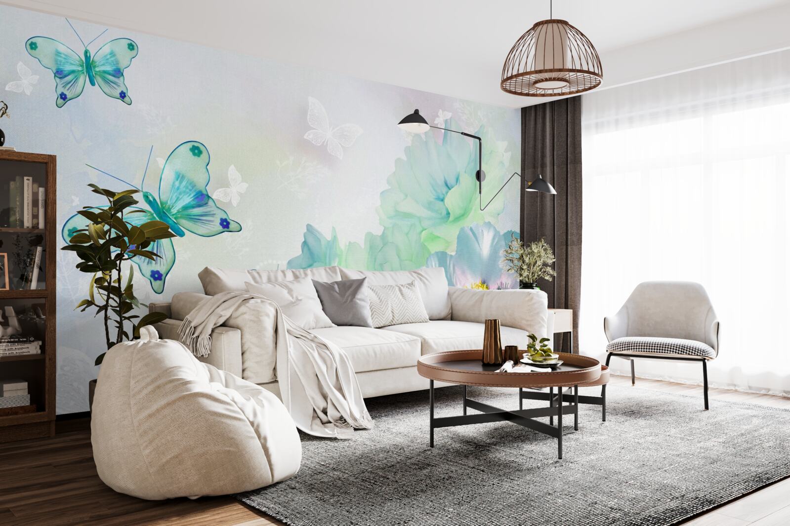 Papier peint des fleurs tendres et des papillons ailés