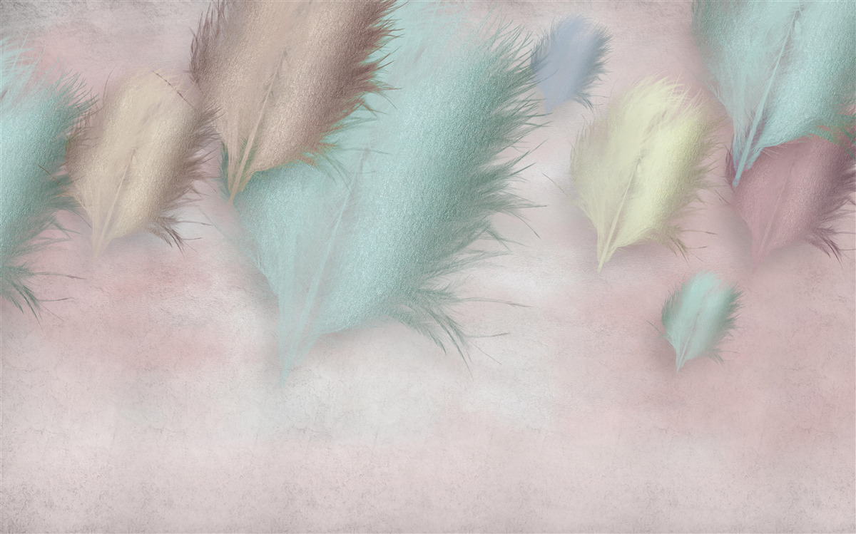 Papier peint des plumes de différentes couleurs flottent sur un ciel rose