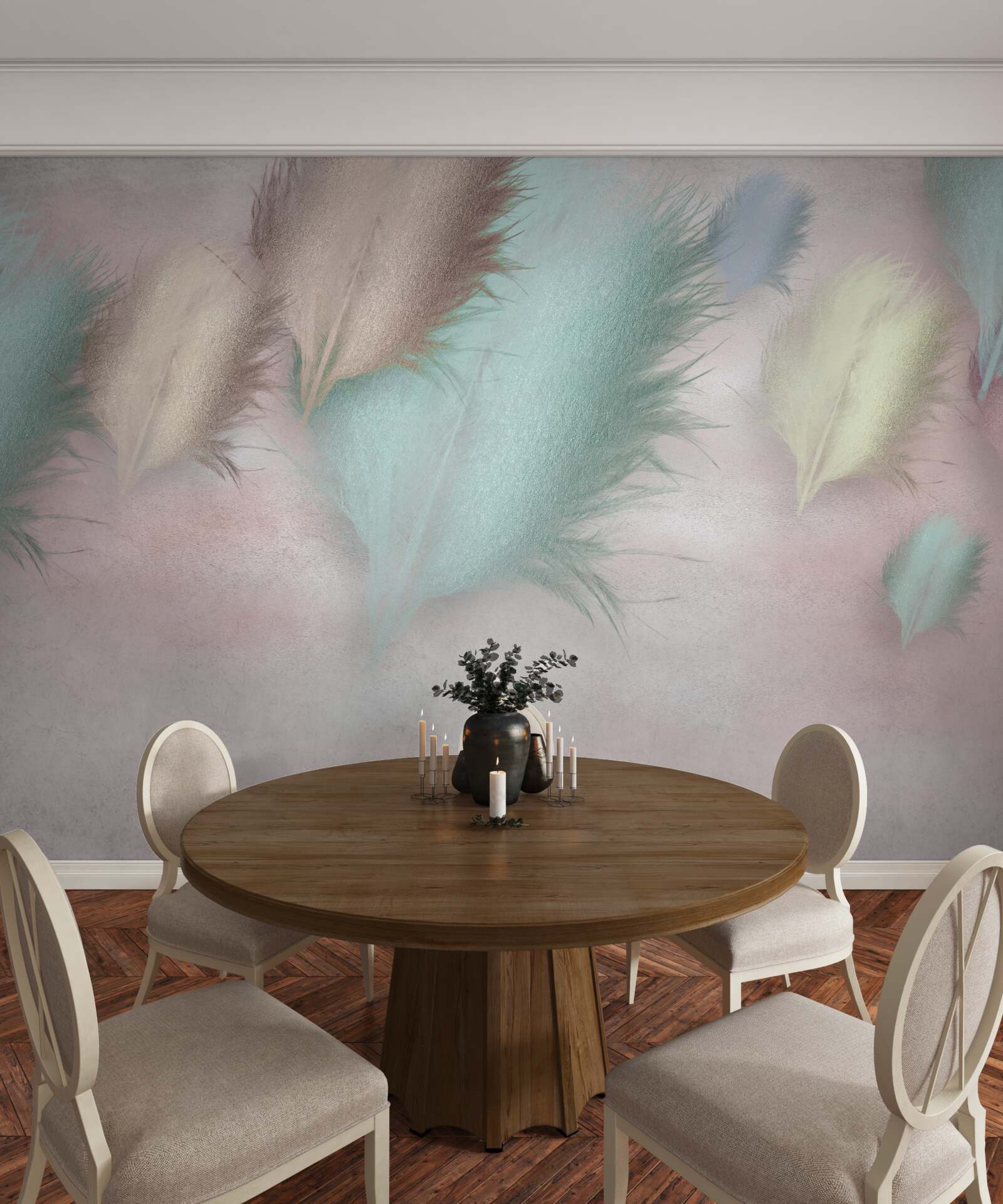 Papier peint des plumes de différentes couleurs flottent sur un ciel rose