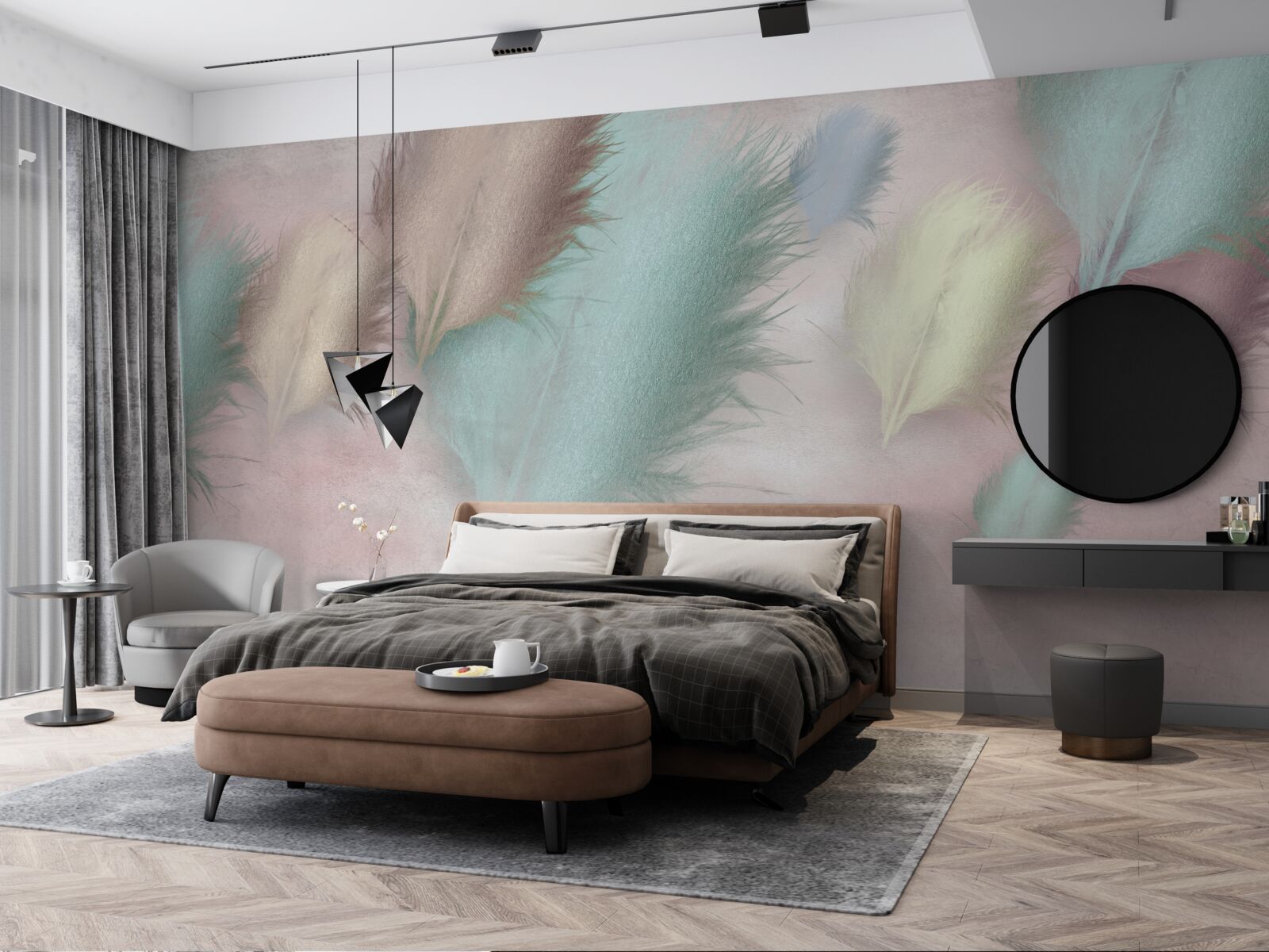 Papier peint des plumes de différentes couleurs flottent sur un ciel rose