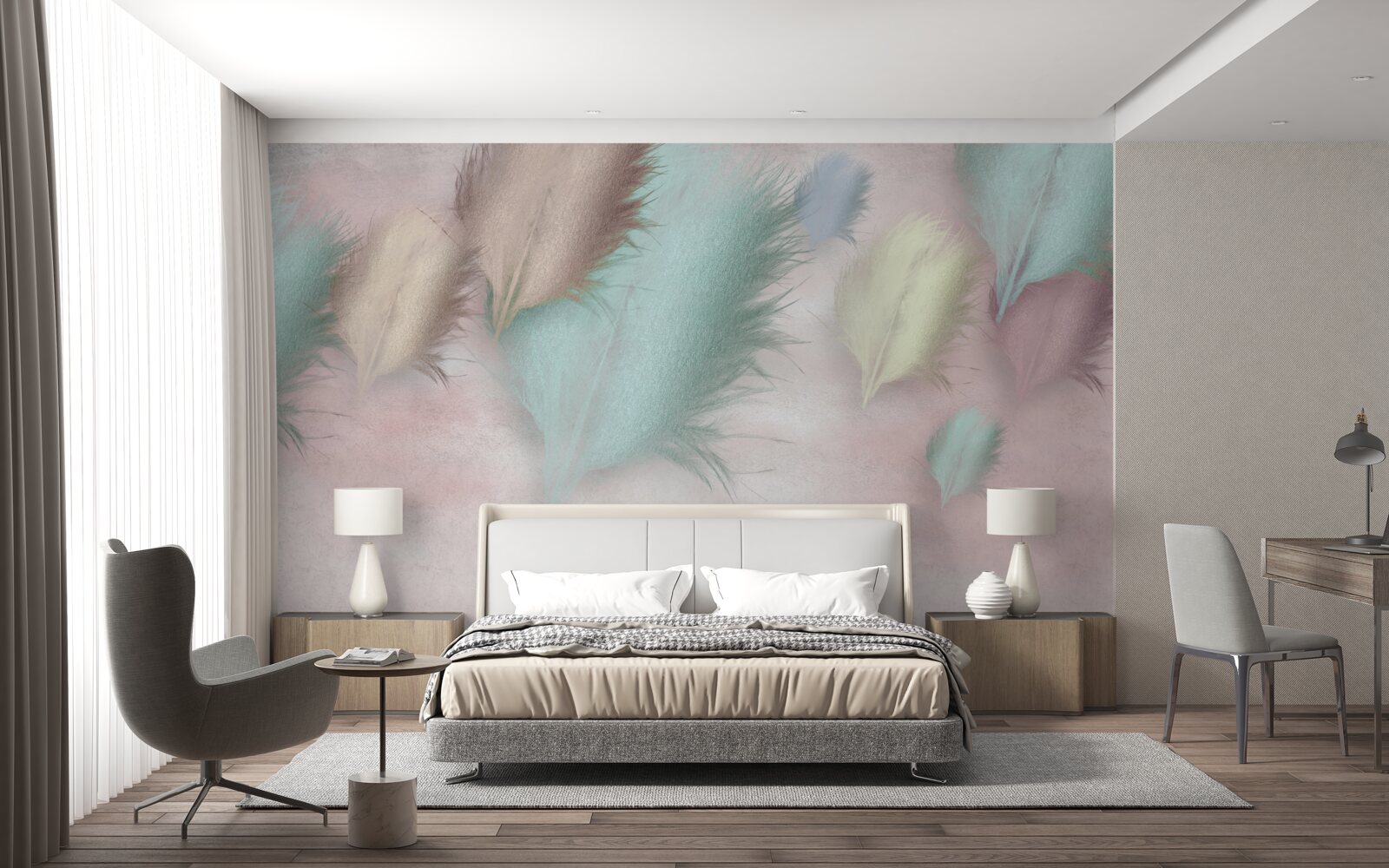 Papier peint des plumes de différentes couleurs flottent sur un ciel rose