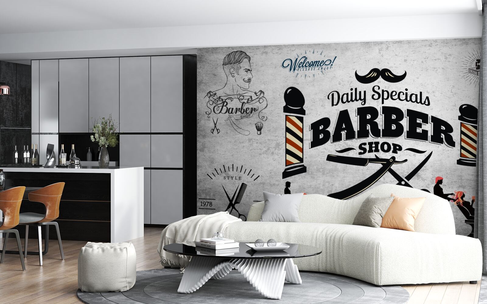 Papier peint publicité pour un salon de coiffure sur une façade