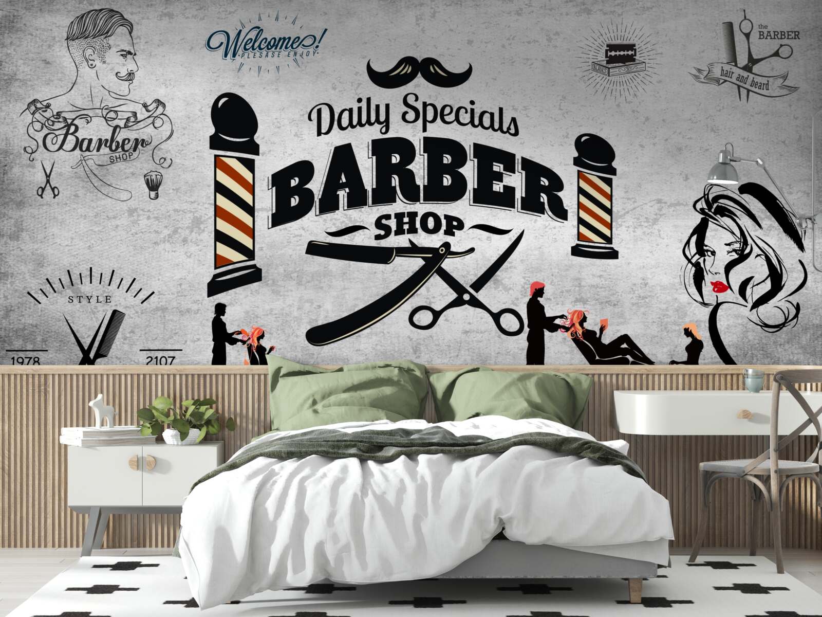 Papier peint publicité pour un salon de coiffure sur une façade