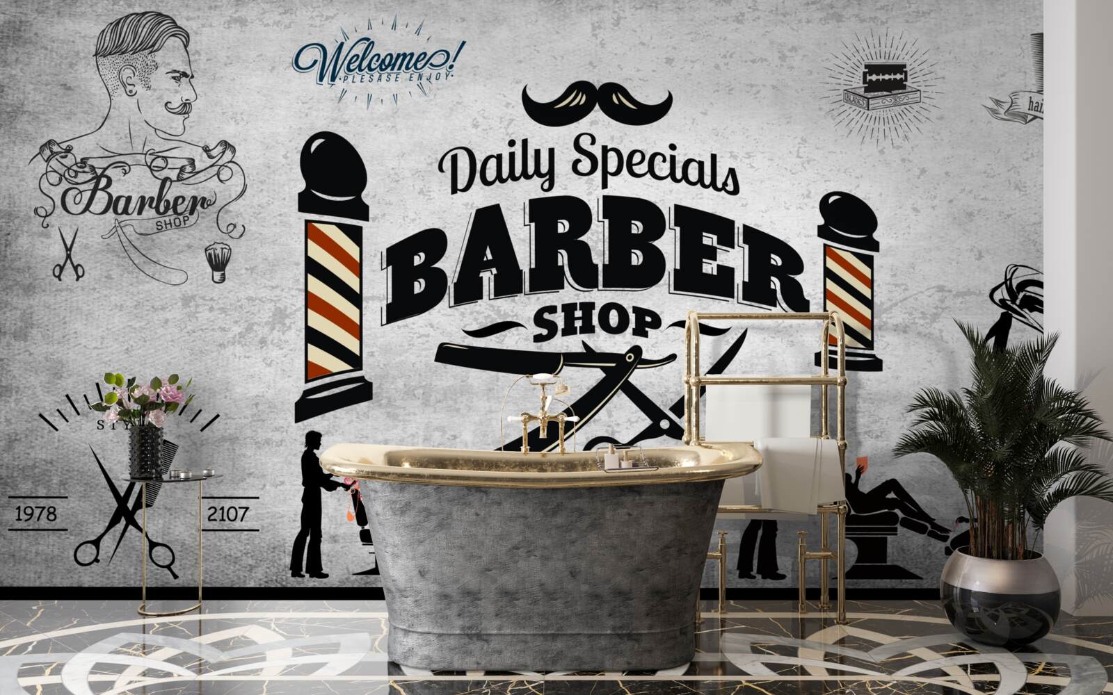 Papier peint publicité pour un salon de coiffure sur une façade