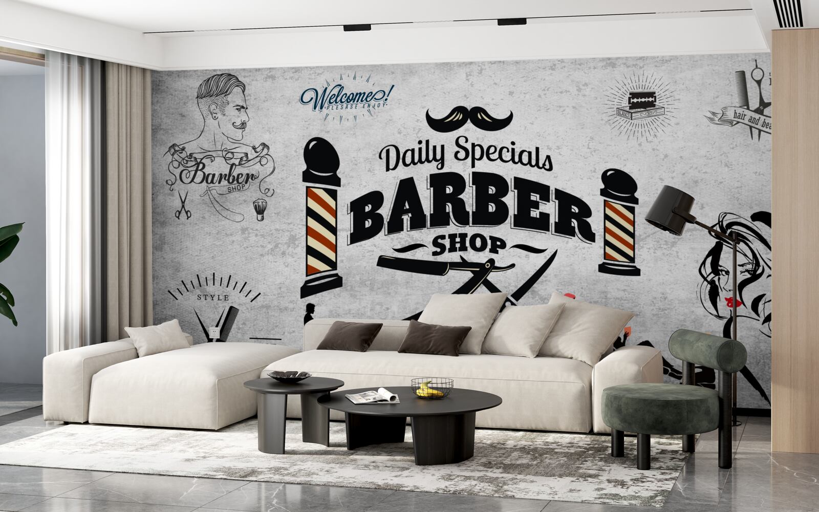 Papier peint publicité pour un salon de coiffure sur une façade