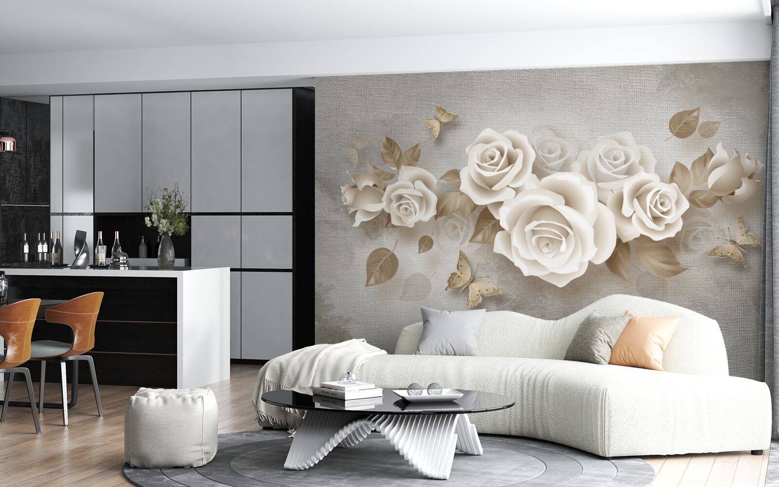 Papier peint gracieuse tige de rose de couleur ivoire