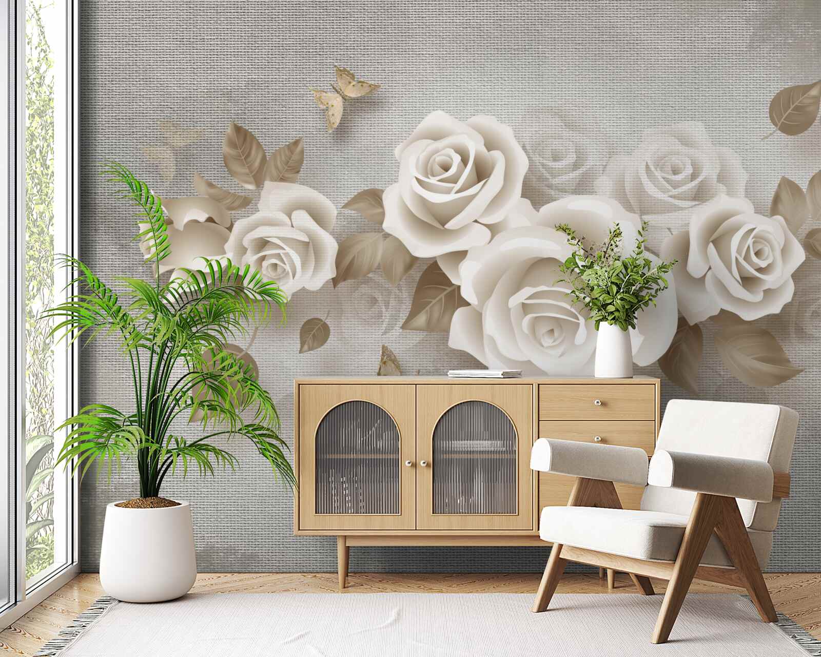 Papier peint gracieuse tige de rose de couleur ivoire