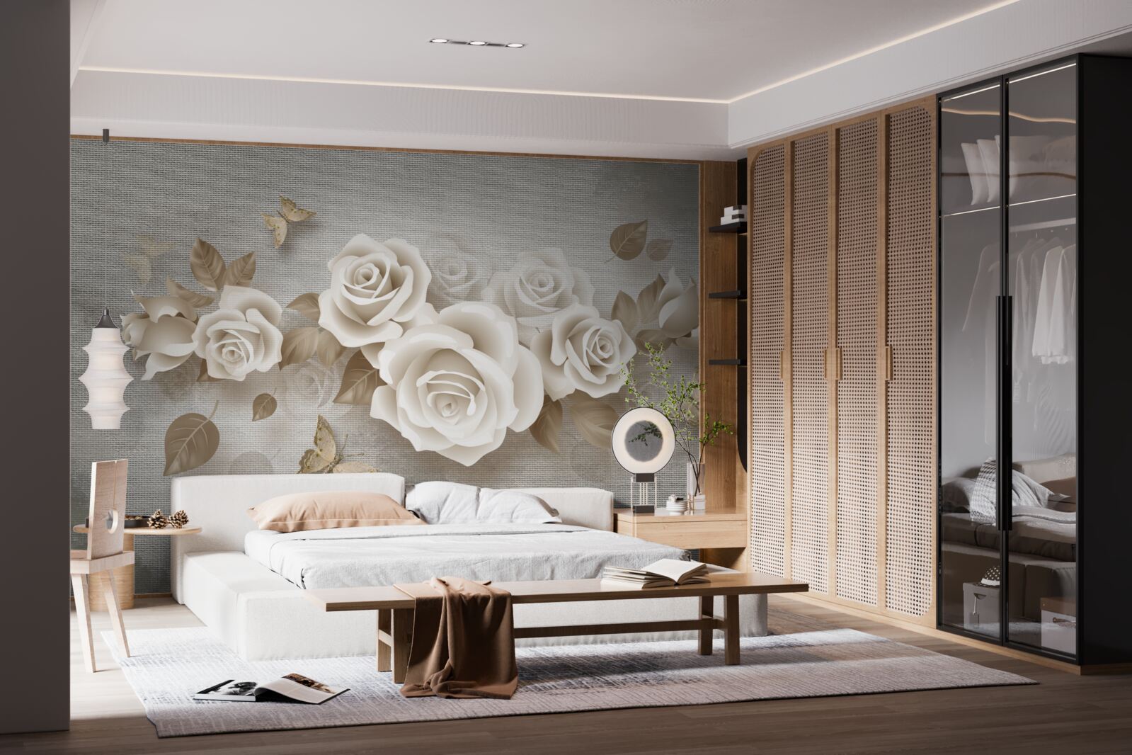 Papier peint gracieuse tige de rose de couleur ivoire