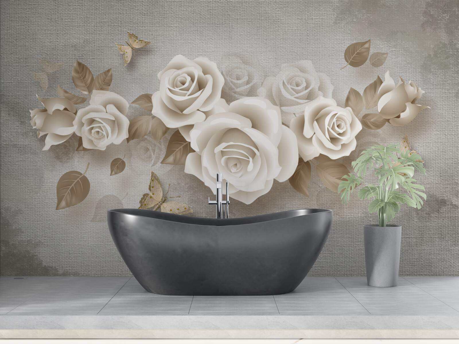 Papier peint gracieuse tige de rose de couleur ivoire