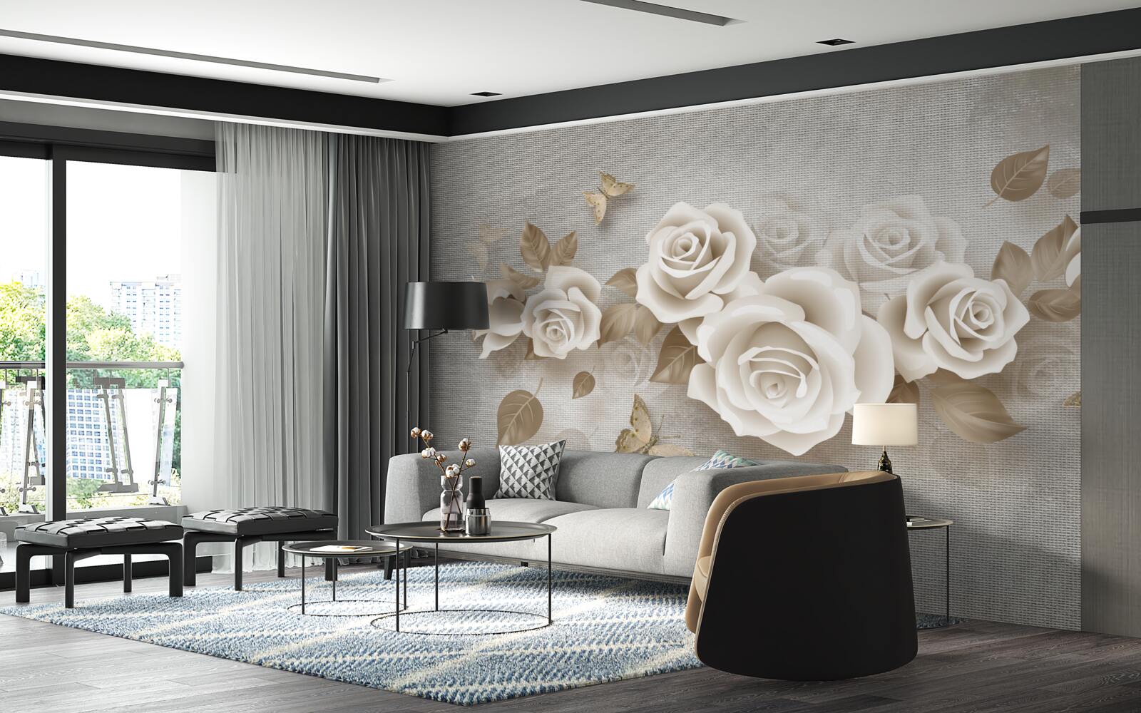 Papier peint gracieuse tige de rose de couleur ivoire