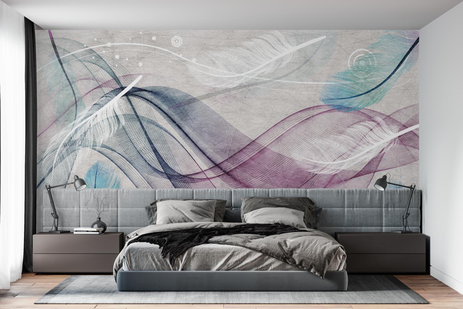 Papier peint abstrait aux couleurs des plumes et des vagues