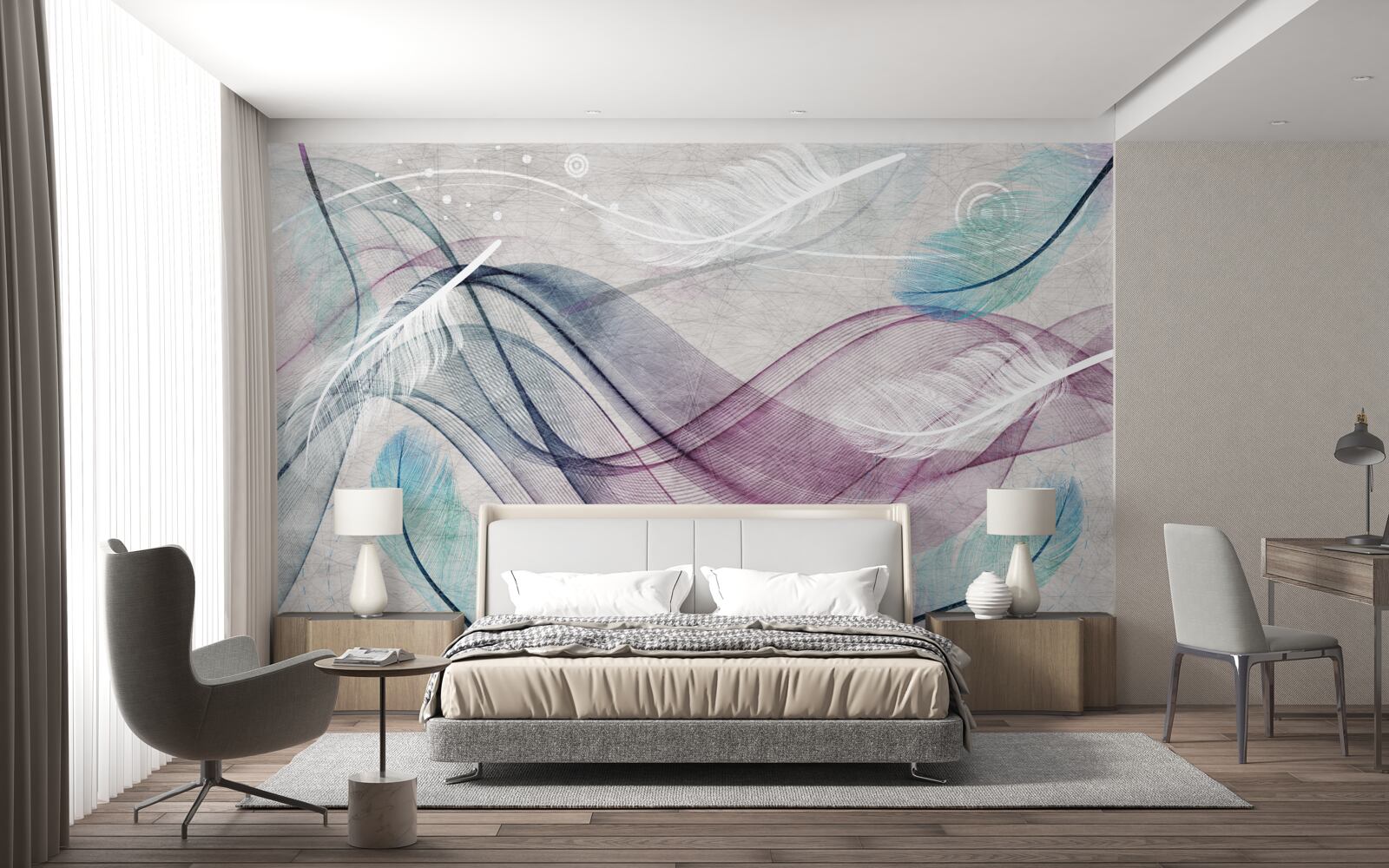 Papier peint abstrait aux couleurs des plumes et des vagues